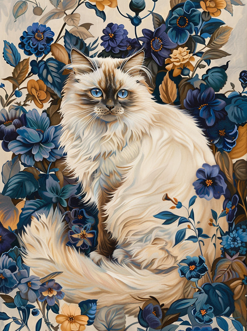 5D Diamond Painting Blue Flower Cream Colored Cat Kit