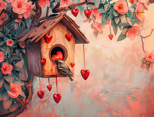 5D Diamond Painting Red Heart Birdhouse Kit