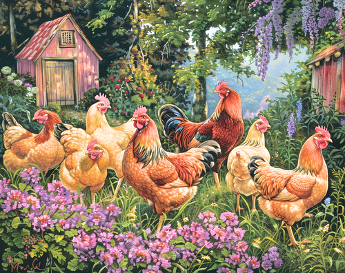 5D Diamond Painting Roosters in the Garden Flowers Kit