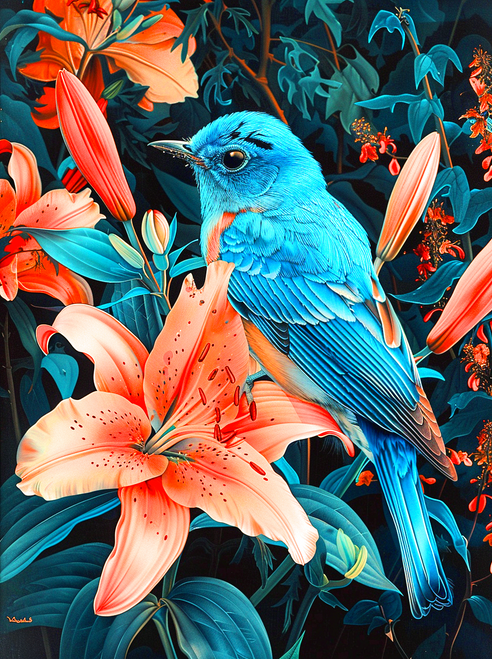 5D Diamond Painting Blue Bird and Pink Lily Kit