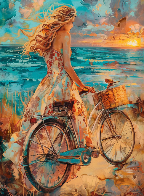 5D Diamond Painting Girl and Bike at the Beach Kit