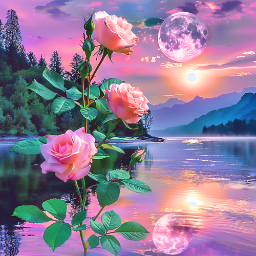 5D Diamond Painting Moon Reflection Pink Roses Kit