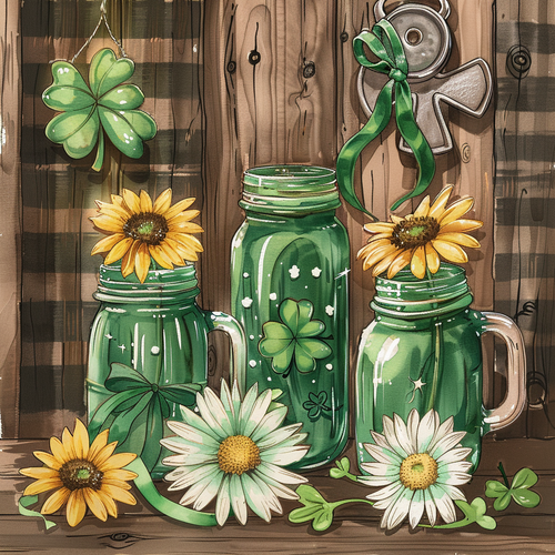 5D Diamond Painting Green Jars and Flowers Kit