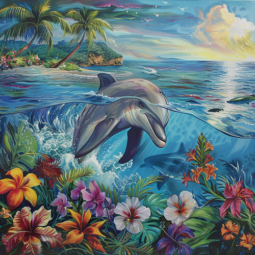 5D Diamond Painting Tropical Flower Dolphin Kit