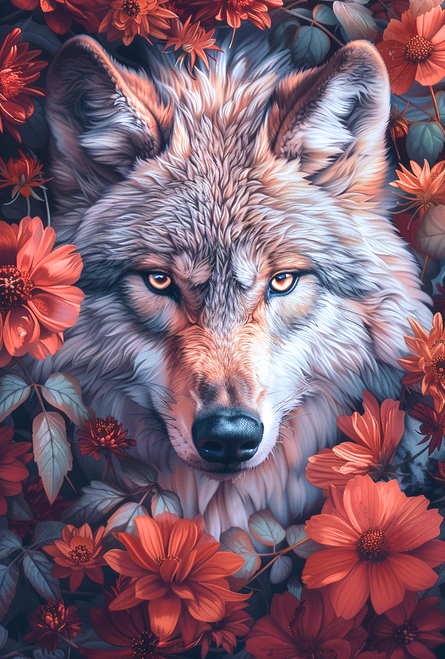 5D Diamond Painting Red Flower Wolf Kit