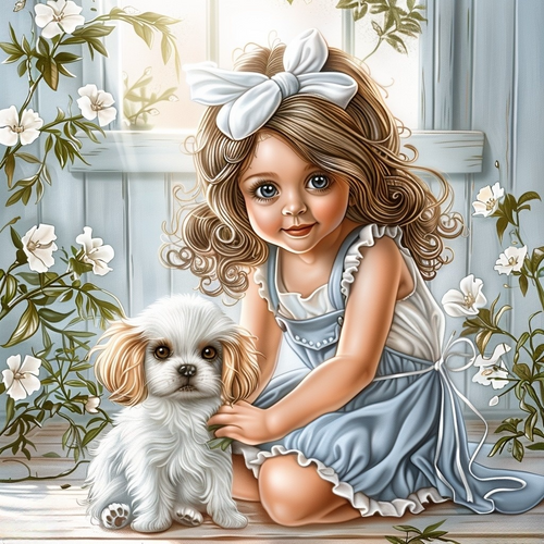 5D Diamond Painting Blue Dress Girl and Puppy Kit