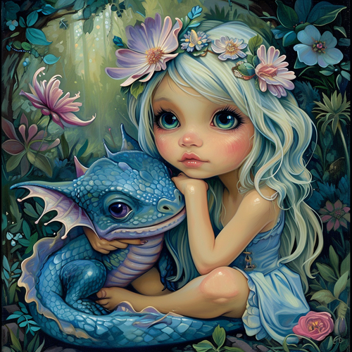 5D Diamond Painting Little Girl and Blue Baby Dragon Kit