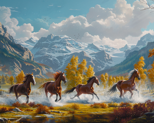 5D Diamond Painting Four Horses Running in Autumn Kit