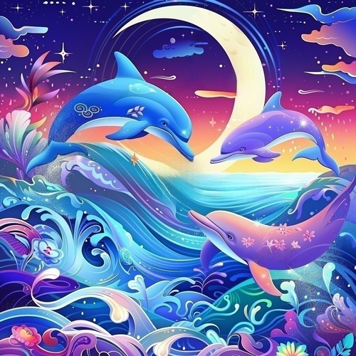 5D Diamond Painting Abstract Dolphins and Crescent Moon Kit