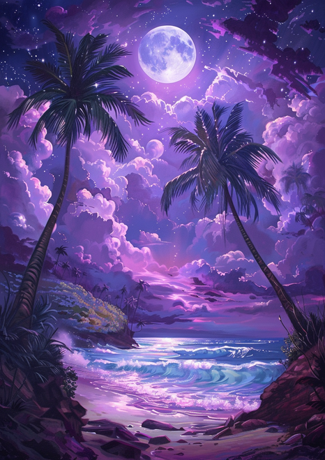 5D Diamond Painting Palms and Clouds Moonlight Beach Kit