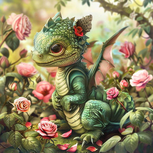 5D Diamond Painting Green Baby Dragon in the Rose Garden Kit