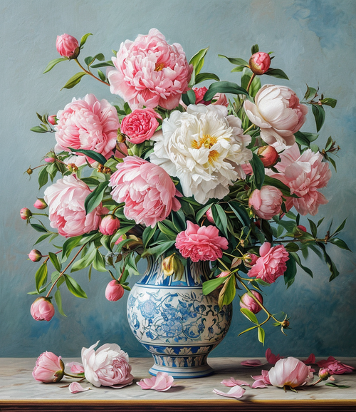 5D Diamond Painting Blue Print Vase of Pink Flowers Kit