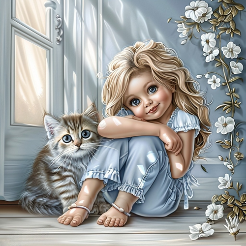 5D Diamond Painting Blue Pant Girl and Kitten Kit