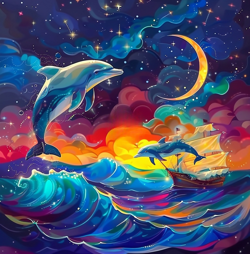 5D Diamond Painting Abstract Crescent Moon Dolphins Kit