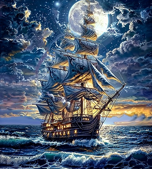 5D Diamond Painting Sunset Moon Sailing Ship Kit