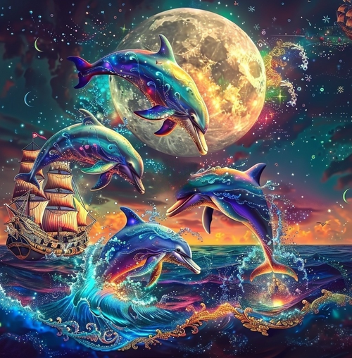 5D Diamond Painting Moon and Magical Dolphins Kit