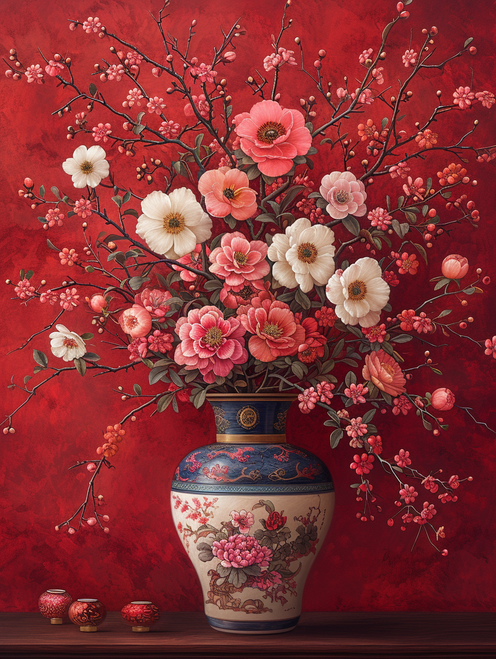 5D Diamond Painting Red Background Vase of Flowers Kit