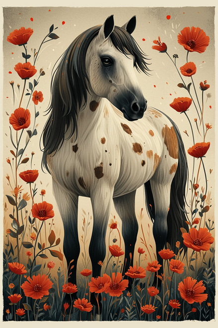 5D Diamond Painting Spotted Horse in Poppies Kit