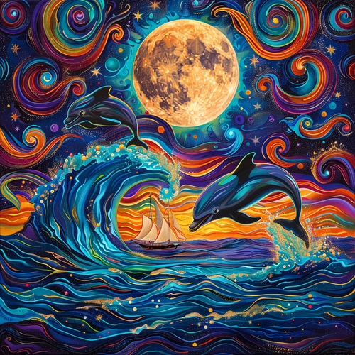 5D Diamond Painting Abstract Swirl Dolphins and Moon Kit