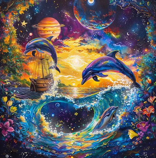 5D Diamond Painting Dolphins, Planets, and Flowers Kit