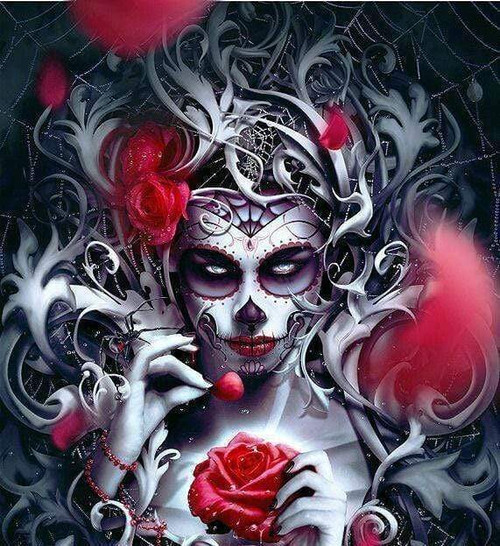 5D Diamond Painting Red Cherry Skull Woman and Red Roses Kit