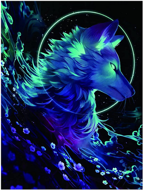 5D Diamond Painting Glowing Wolf and Flowers Kit