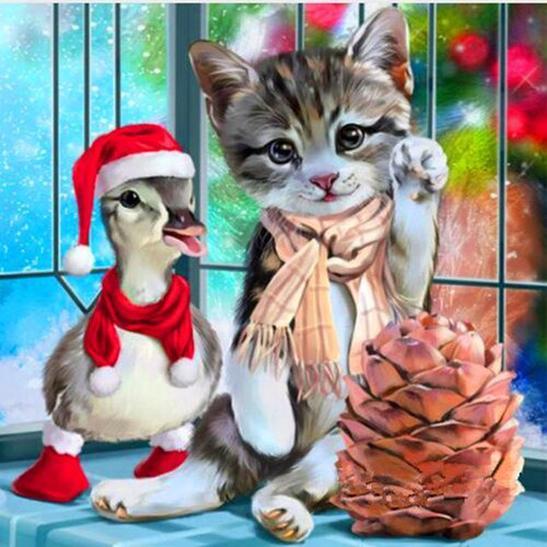 5D Diamond Painting Christmas Duckling & Kitten Kit