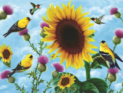 5D Diamond Painting Birds in the Thistles & Sunflowers Kit