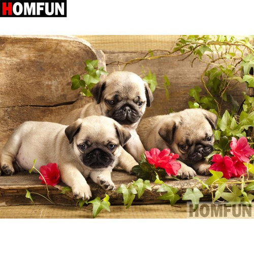 5D Diamond Painting Pug Puppies and Red Flowers Kit