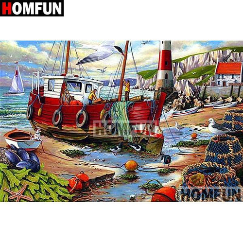 5D Diamond Painting Fishing Boat on Shore Kit