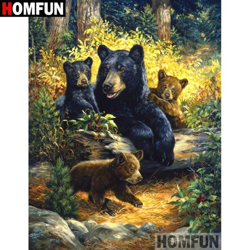 5D Diamond Painting Bear and Her Cubs on a log Kit