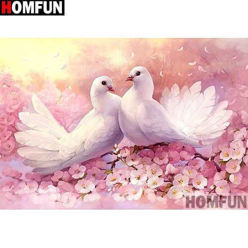 5D Diamond Painting Two White Doves in Pink Flowers Kit