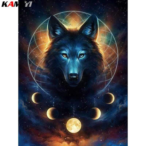 5D DIamond Painting Full Moon Black Wolf Kit