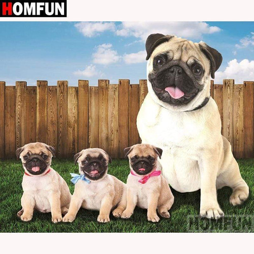 5D Diamond Painting Pug and Three Pug Puppies Kit