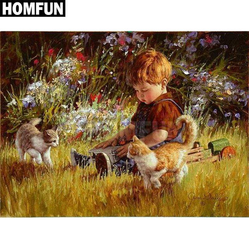 5D Diamond Painting Two Kittens and a Boy Kit