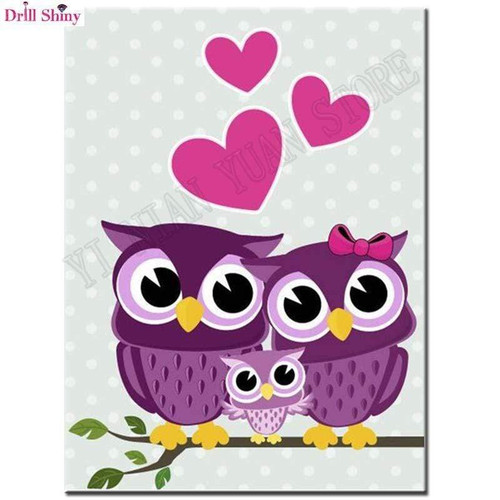 5D Diamond Painting Three Purple Owls and Hearts Kit