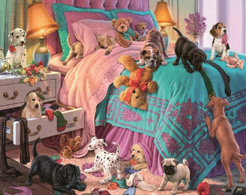 5D Diamond Painting Puppy Bedroom Mischief Kit