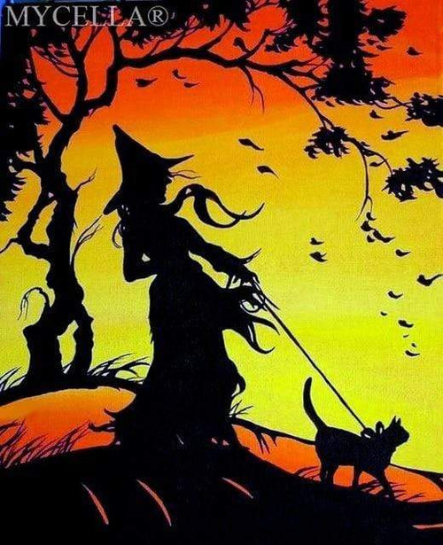 5D Diamond Painting Witch Silhouette with Her Cat Kit