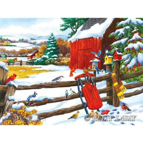 5D Diamond Painting Red Sled by the Barn Fence Kit