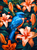 5D Diamond Painting Blue Bird in Peach Lilies Kit