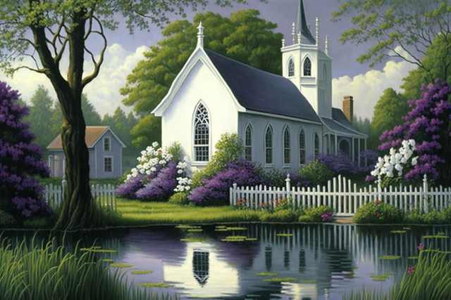 5D Diamond Painting White Fence Church Kit - Bonanza Marketplace