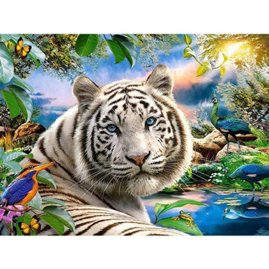 5D Diamond Painting White Tiger & Peacocks Kit