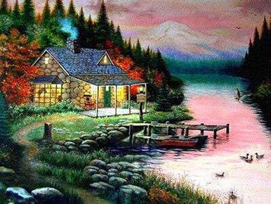 5D Diamond Painting Mountain Cabin by the Lake Kit