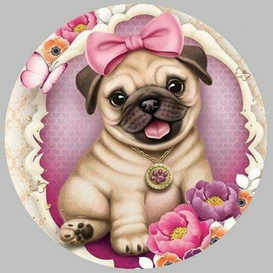 5D Diamond Painting Pug with Flowers Circle Kit - Bonanza Marketplace