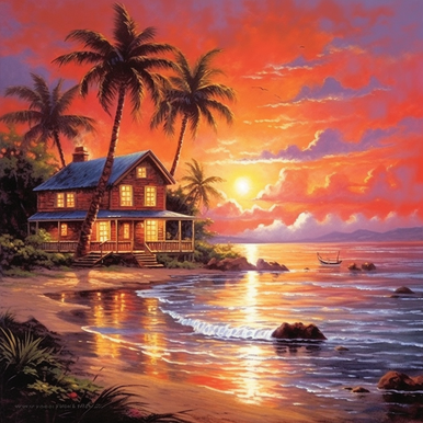 5D Diamond Painting Sunset Beach House Kit - Bonanza Marketplace