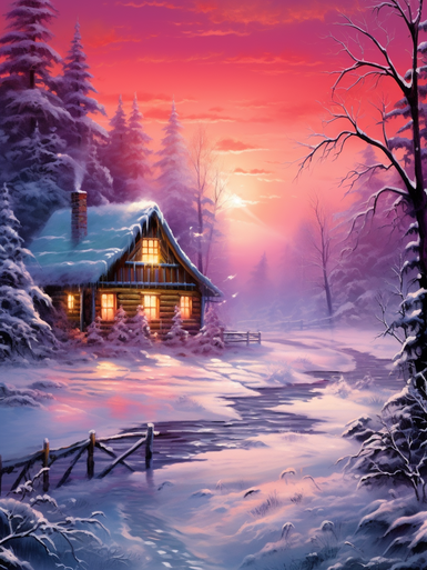 5D Diamond Painting Pink Sky Lighted Snow Cabin Kit - Bonanza Marketplace