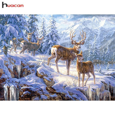 Snow Laden Pine Trees, Deer Diamond Painting Kit