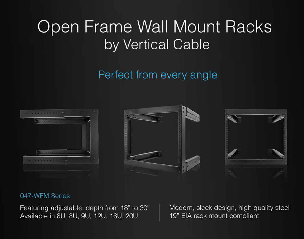 9U Open Wall Mount. Adjustable Depth From 18"-30". With M6 Screws & Cage Nuts