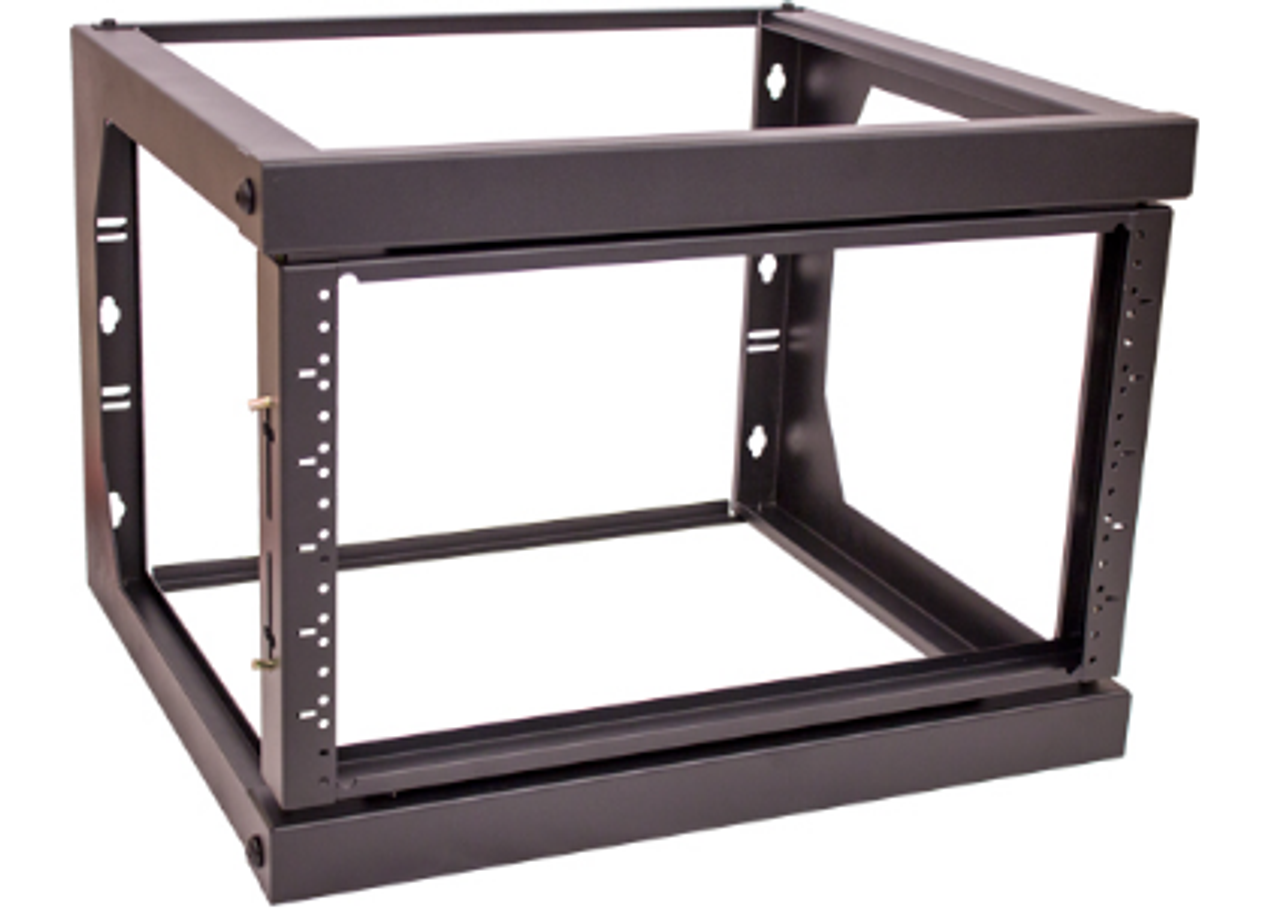 6U Wall Mount Open Frame Rack. ROUND HOLE (FIXED DEPTH) Front Swing Out, H 15.20" x  W 20.65" x Depth 18" Weight 17LB, Black