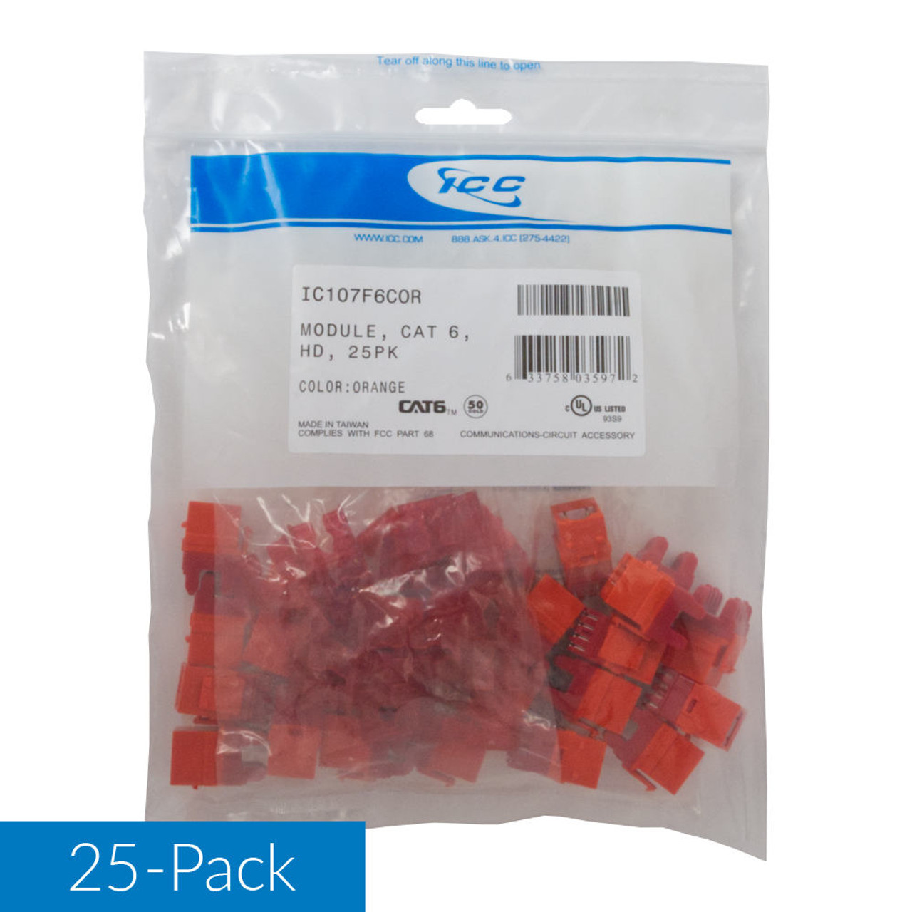 CAT6 RJ45 Keystone Jack for HD Style-Orange - 25-Pack